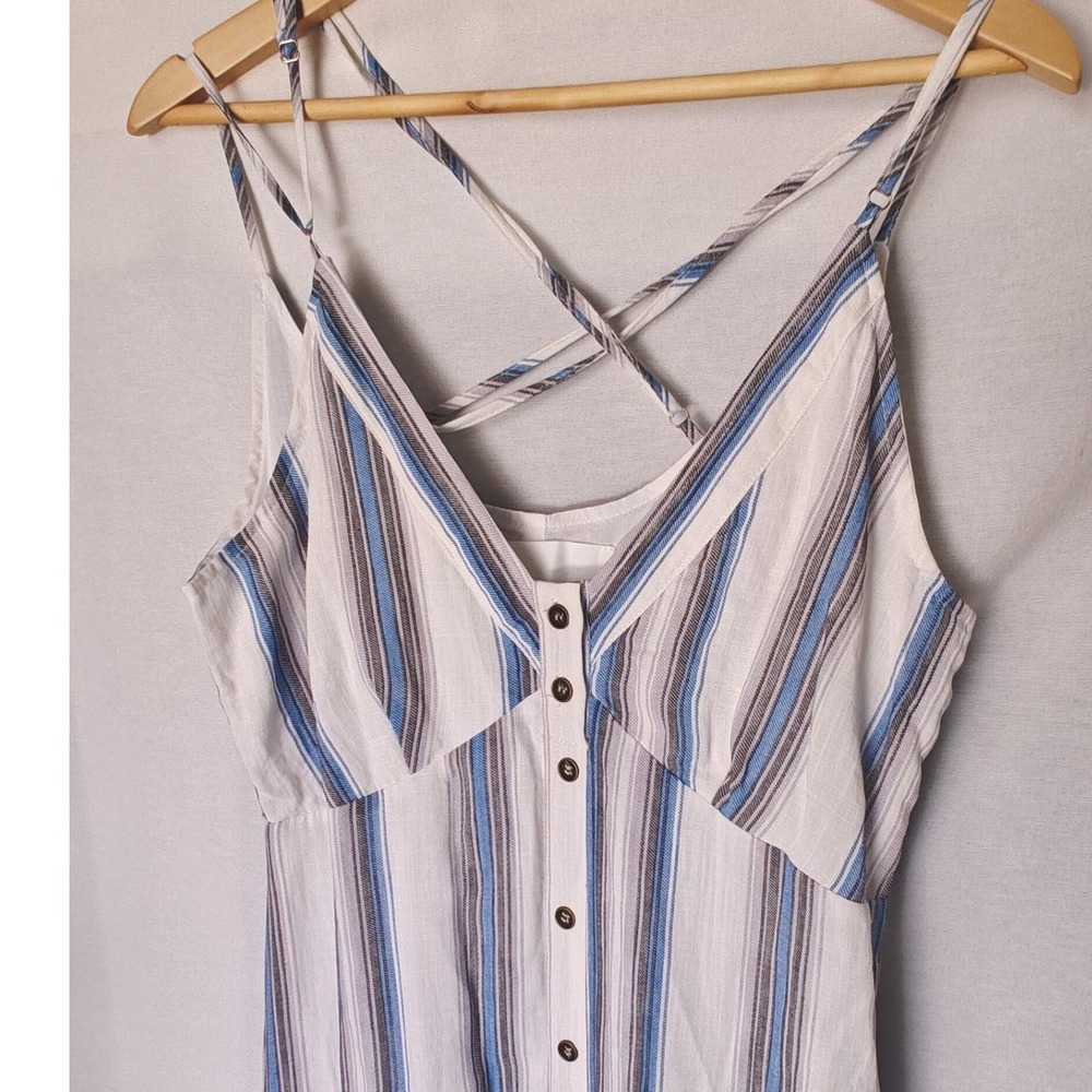 Vacate The Label Dress Standby Midi Panama Stripe Tiered Vneck White Blue M New - Picture 3 of 11